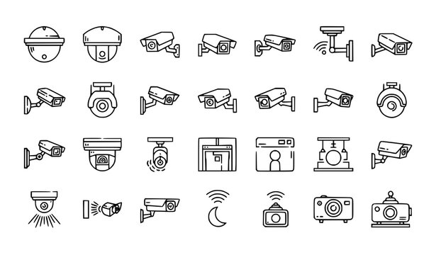 CCTV Camera Line Icon Set Collection with Dome Bullet PTZ and Security Surveillance Symbols Vector