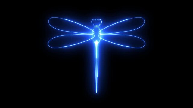 Neon Dragonfly Line Icon Animated on Black Background with Alpha Channel 4K Green Screen Chroma Key Loop