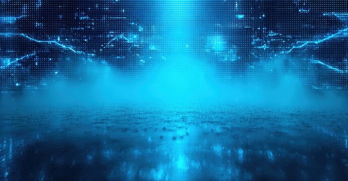 Dark blue background. Bright light beams shine onto textured surface. Digital effect creates futuristic atmosphere. Dramatic lighting.