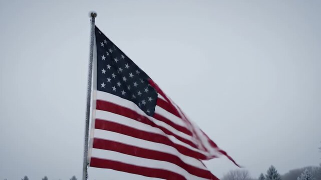 Snowy Day with US Flag, and Winter Scene.