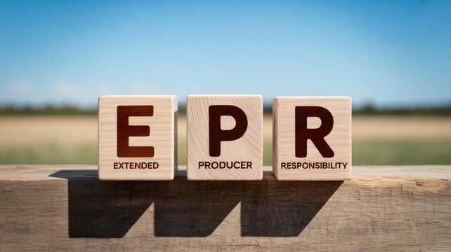 Three wooden blocks spelling EPR for Extended Producer Responsibility sit on a rustic beam outdoors 