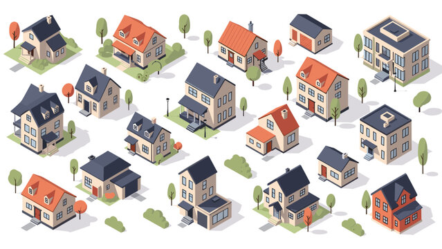 Extensive collection of various isometric suburban houses and buildings, complete with small trees, representing modern neighborhood architecture and real estate.