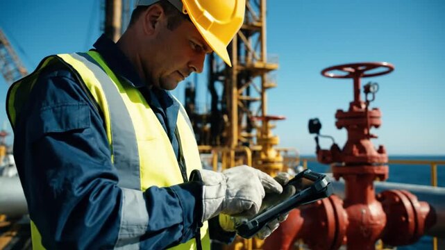 Ultra detailed industrial stock video of offshore petroleum worker standing on deck reviewing digital operational reports on tablet device protective helmet reflective vest and uniform visible industr