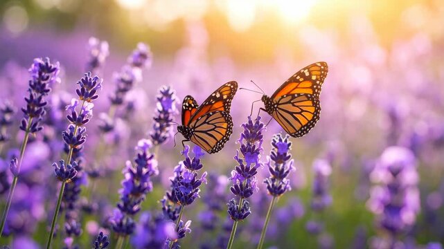 Two Monarch Butterflies Resting on Purple Lavender Flowers in Soft Sunlight