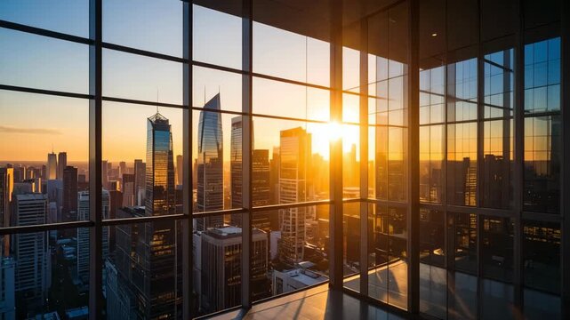 Modern skyscraper office interior with panoramic window view at sunset