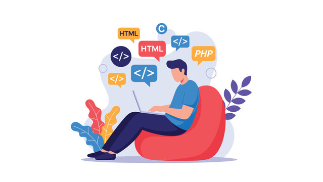 Man coding on a laptop from a bean bag, surrounded by programming language tags, symbolizing software development, web design, and tech innovation.