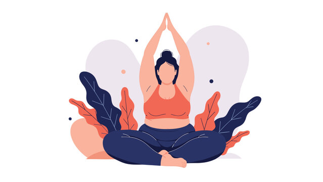 Confident plus-size woman gracefully performing a yoga pose, surrounded by lush plants, symbolizing body positivity, wellness, and mindful fitness.