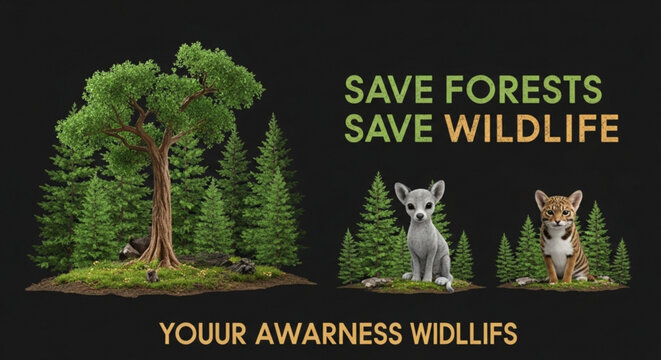 Save forests save wildlife awareness poster with animals and trees on black background