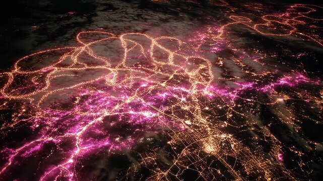 The Earth illuminated by vibrant pink lights, creating a striking and colorful visual effect.