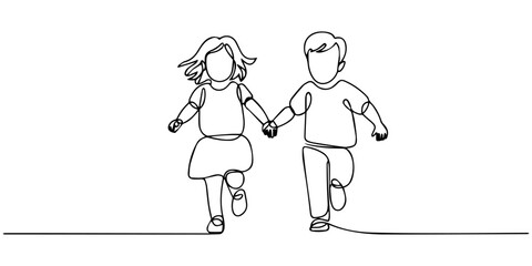 one continuous single line drawing of a toddler girl and boy running hand in hand illustration, toddler girl and boy running hand in hand continuous one line drawing, continuous one line art of little © Parboti