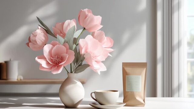 A vase of pink flowers beside a coffee cup on a wooden table, creating a cozy and inviting atmosphere.