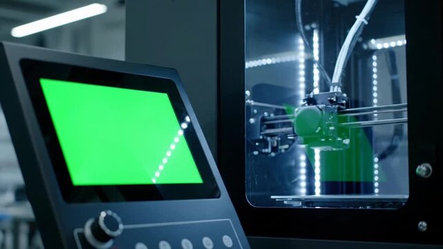 3D Printer Operating with Green Screen Control Panel in Industrial Laboratory