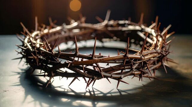 A close-up macro shot of a thorny crown of twigs symbolizing suffering and sacrifice on a textured surface