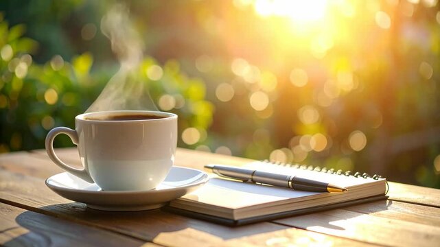 Hot steaming coffee cup on wooden table with notebook and pen in morning sunlight