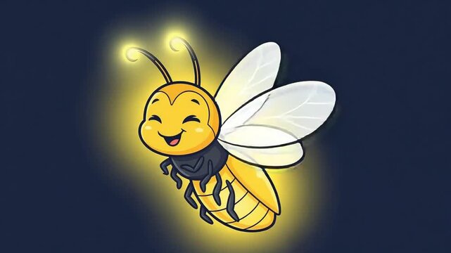 Cute cartoon firefly glowing in the dark happy and smiling with bright light emanating from its body and antennae creating a magical atmosphere