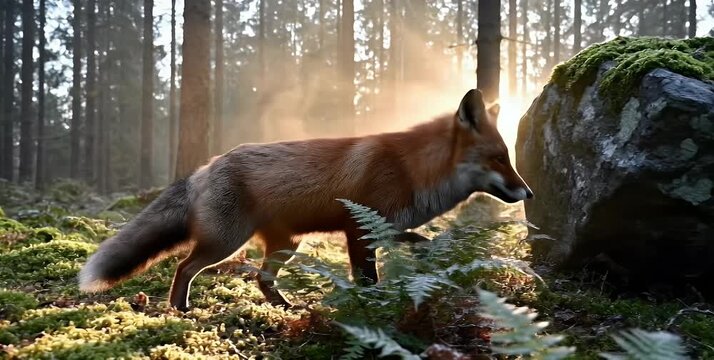 A red fox walks through a sunlit forest with mossy ground and a large rock.