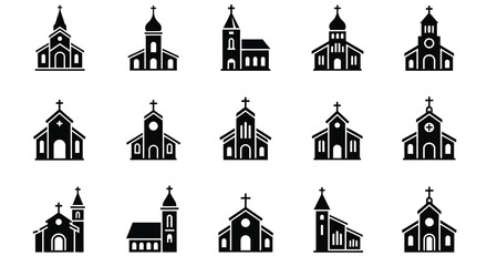 Collection of various church building icons in black silhouette © ANISURRAHMAN