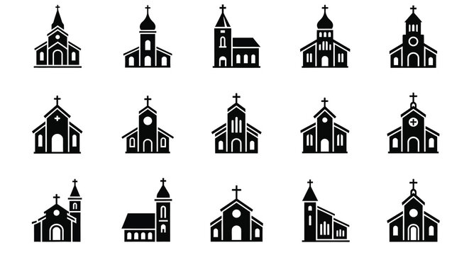 Collection of various church building icons in black silhouette