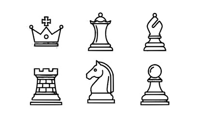 Minimal Chess Outline Icon Set Modern King Queen Knight Rook Bishop Pawn Line Vector Collection Transparent © MdYeasin