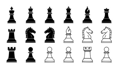 Black and White Chess Icon Set Solid and Outline King Queen Bishop Knight Rook Pawn Vector Collection Transparent Background © MdYeasin