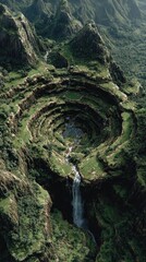 Enormous Spiral Canyon with Cascading Waterfall