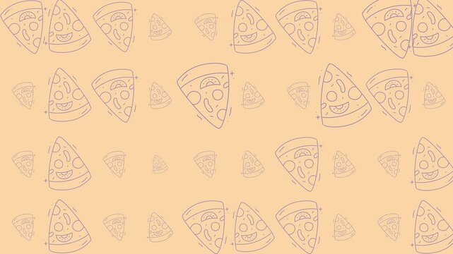 Food doodle pizza slice illustrations on a light brown patterned background are perfect for menus, kitchen decorations, and foodrelated projects. Suitable for websites, social media posts, recipe card