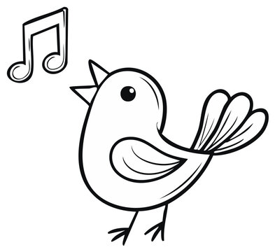 Black and white cartoon bird singing a musical note
