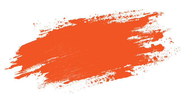 Bright orange paint splash with textured brush strokes and small splatter dots on a white background