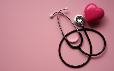 Fototapeta premium Stethoscope with red heart shape medical symbol isolated on transparent background