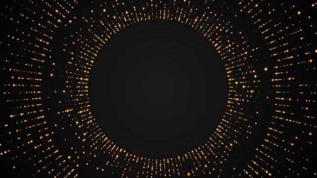 abstract gold circle frame with golden glitter shiny stars and bokeh lights and particle animation ,dark luxury holiday christmas and new year social media motion background