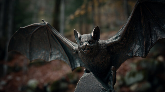 A dark gray bat sculpture with outstretched wings in a forest setting
