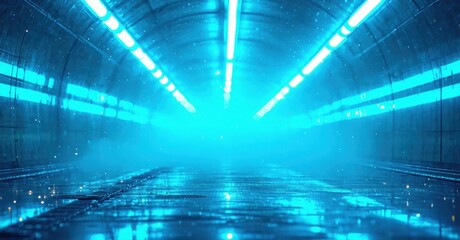 Fototapeta premium Futuristic tunnel glows bright blue. Lights illuminate wet floor, creating dramatic perspective. Fog obscures distant end.