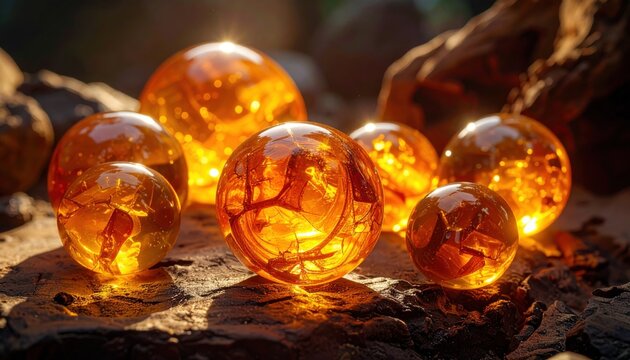 FlyPro Firefly assemblage of polished amber spheres with trapped ancient inclusions visible within, resting on a textured earthen surface, glowing brightly.