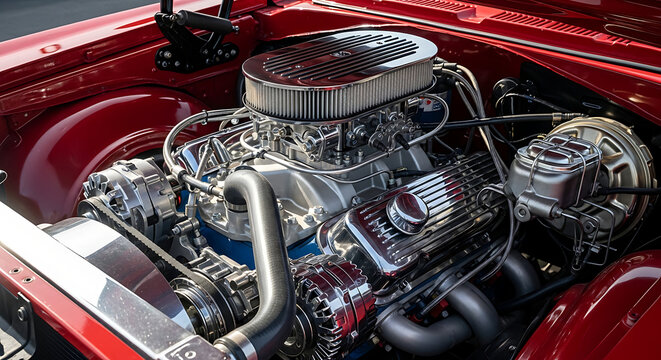Close-up of a gleaming chrome and polished metal engine within a vintage American muscle car, highlighting intricate mechanical components, shiny surfaces, and powerful automotive engineering.