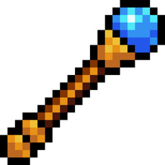 Fototapeta premium Pixel art magic staff wand icon in retro 8 bit style. Fantasy video game weapon item with wooden handle and blue crystal orb. RPG spell casting wizard asset for UI inventory systems and combat design