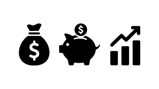 Financial Icons Silhouette Set Money Bag Piggy Bank Wallet and Growth Chart Transparent Background