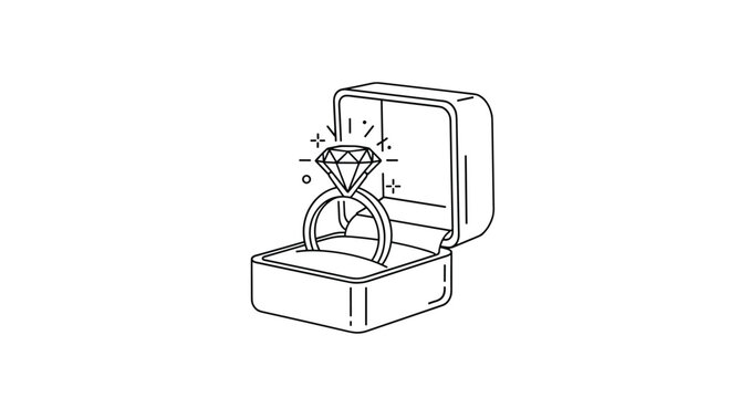 Minimalist line drawing illustration of a sparkling diamond engagement ring inside an open white jewelry box.