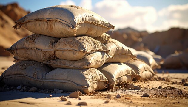 FlyPro Firefly Sandbags Pile Forming Protective Berm Showing Signs of Wear and Tear Photorealistic DSLR Style har_0fdb64_1