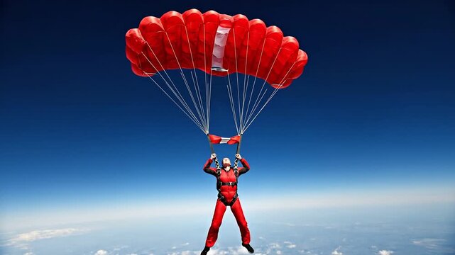 Excited Woman Skydiving with Red Suit and Parachute High Above Clouds.