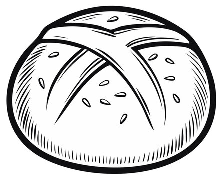 Ink drawing of a crusty bread roll with cross-cut markings and sesame seeds.