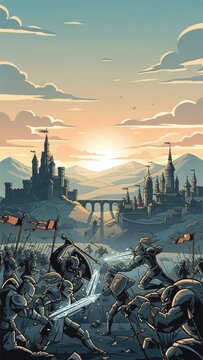 Epic medieval battle scene showing knights clashing near a sunlit castle fortress at dawn.
