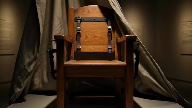 A wooden electric chair stands alone under spotlight in a dimly lit execution chamber, viewed directly from the front.