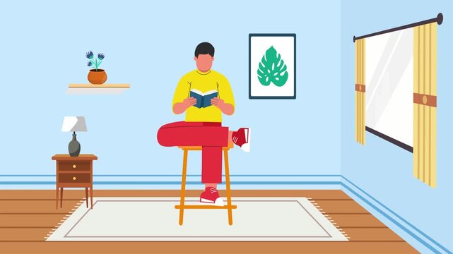 Man Reading Book While Sitting on Red Stool. Reading book in cozy corner concept. Full length animation illustration. High quality&nbsp;4k&nbsp;footage