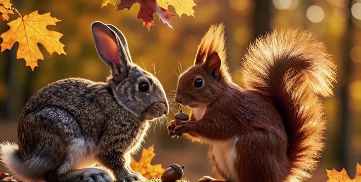 A cute rabbit and a fluffy squirrel meet in a vibrant autumn forest, surrounded by golden leaves and acorns.
