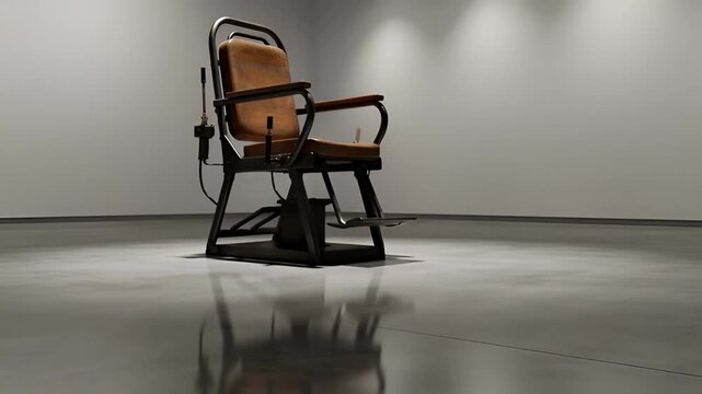 An electric chair stands alone in a dimly lit, modern, minimalist room with polished floor, viewed from a slight angle