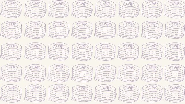 Fun repeating pattern of pale purple sushi rolls, ideal for menu design, stationery, packaging, and kitchen products. Whimsical and playful.