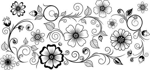 Black and white floral with swirling vines and flowers leaves swirls © GR Graphics