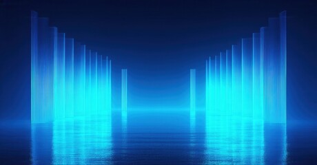 Bright blue vertical lights create futuristic corridor. Reflections visible on wet surface. Dramatic lighting, abstract composition.