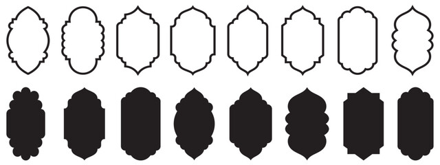 Arabic label frames. Modern islamic mosque dome and lanterns, monochrome blank arch stickers, traditional ornamental minimalist windows and simple border emblems.  © ExtremeStockBD