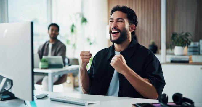 Victory, fist pump or man in office with computer, viral article or story promotion for magazine. Achievement, coworking or journalist with tech, career milestone or editorial success in newsroom.